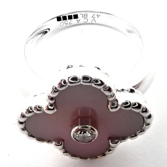 Authentic Van Cleef & Arpels Alhambra 18k White Gold Pink Opal Diamond Ring Cert - Picture 6 of 10
